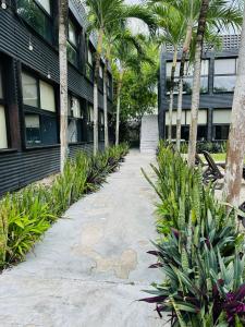 a walkway in front of a building with palm trees at Bacalar 102 Hotel in Bacalar