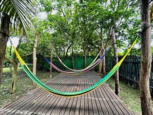 a hammock on a wooden bridge with trees at Bacalar 102 Hotel in Bacalar