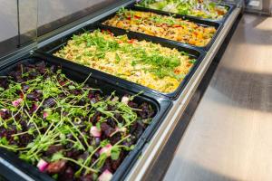 a row of trays filled with salads and vegetables at The Lodge Village - Workforce Accommodation in Moranbah