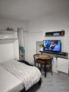 a bedroom with a bed and a table and a tv at Modern lux studio B in Beringen