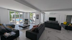 a living room with couches and a tv and a pool at anemelie in Sotira
