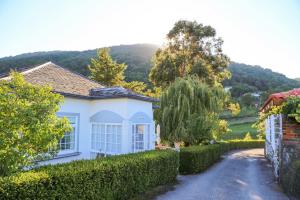 een wit huis met een heg voor een weg bij Casa DoDo in Castro Caldelas