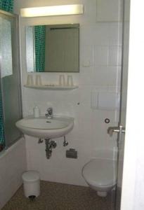 a bathroom with a sink and a toilet and a mirror at Frühstückspension "Schlösselmühle" in Jöhstadt