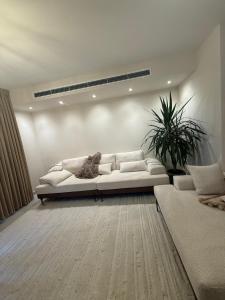 a living room with a white couch and a plant at Shemesh Boutique in Beit Shemesh