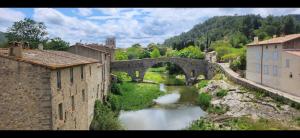 an old bridge over a river in a town at Le Donjon du Chateau in Tournissan