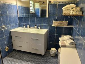 a bathroom with a sink and a mirror and towels at A La Maison De Nani in Saint-Paul