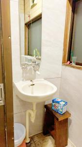 a bathroom with a sink and a toilet and a mirror at 富士見旅館101 in Fujiyoshida