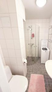 a bathroom with a toilet and a sink and a shower at Studio Flamingo in Helsinki