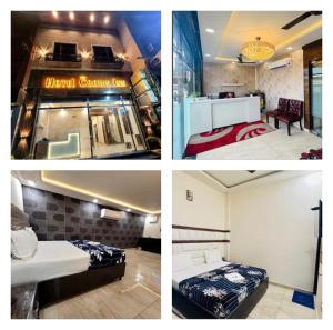 three pictures of a hotel room with two beds at Hotel Crown Inn in Jalandhar