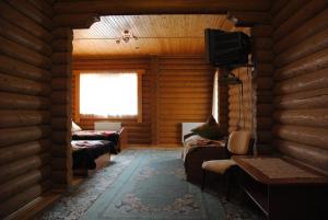 Cette cabane en rondins comprend une télévision et un canapé. dans l'établissement Крокус Мія, à Slavsko
