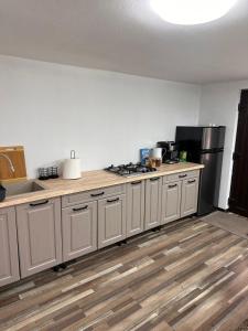 a kitchen with white cabinets and a stove top oven at The Forest Nest Apartment in Sărmaş