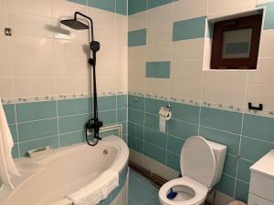 a bathroom with a tub and a toilet and a sink at Central Villa in Craiova