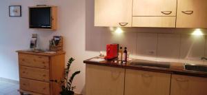 eine Küche mit einer Arbeitsplatte mit Spüle und einem Schrank in der Unterkunft Ferienwohnung Matzhof in Welschnofen + 43 Fotos