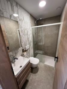 a bathroom with a shower and a toilet and a sink at Korantov Hram in Bukovci