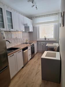 a kitchen with white cabinets and a counter top at Apartament Cichy Zakątek in Ruciane-Nida