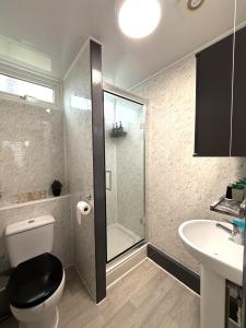 a bathroom with a shower and a toilet and a sink at Bayside in Bridlington