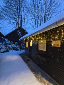 a building with christmas lights on it in the snow at Hiška Darwin in Podčetrtek