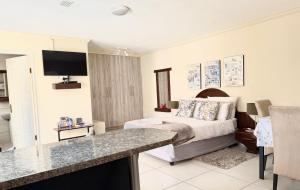 a hotel room with a bed and a television at Lyn's Self Catering in Swakopmund