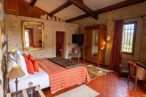 a bedroom with a bed and a television in a room at La Tour d'Enguerne in Montmeyan