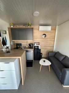 a small living room with a couch and a kitchen at Forest House Razanac in Ražanac
