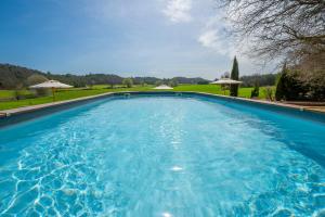 a large blue swimming pool in a yard with umbrellas at La Tour d'Enguerne in Montmeyan