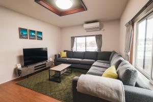 a living room with a couch and a tv at Myoko Yuki House in Myoko