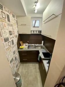a small kitchen with a sink and a stove at Fanni Vendégház in Mesteri