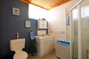 a bathroom with a toilet and a sink and a shower at Chloes Cabin Accommodation in White Beach +34 photos