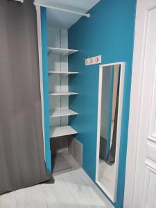 a closet with a mirror and a blue wall at Le gîte des hallais in Bouelles