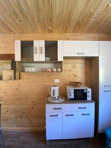 a kitchen with white cabinets and a microwave at Cabaña en Licán Ray in Licán Ray