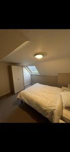 a bedroom with a bed and a skylight at Station apartment in Llanberis