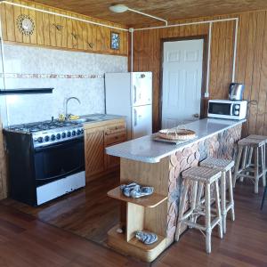 a kitchen with a stove and a refrigerator at CABAÑA HUALAIHUE AUSTRAL in Hornopiren