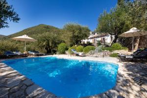 a swimming pool in a yard with chairs and umbrellas at Spartilas Villas in Pyrgi