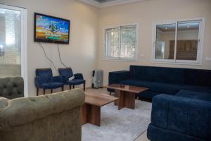 a living room with blue couches and a tv at Dar Gamra in Tozeur