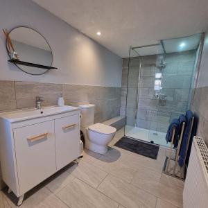a bathroom with a toilet and a shower and a sink at Thyme Cottage in Beccles