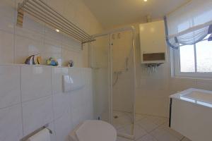 a bathroom with a shower and a toilet and a sink at LT 33a Bungalow Max in Dorum-Neufeld