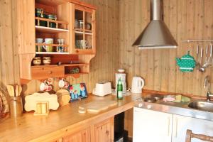 a kitchen with wooden cabinets and a counter top at Blütenzauber in Stennewitz
