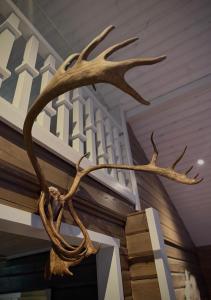 a large deer antlers hanging from a staircase at ReindeerCabin PoroMökki LEVI in Kittilä