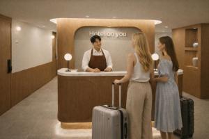 two women standing in front of a counter with luggage at Hotel On You in Seoul