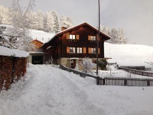 uma cabana de madeira na neve com uma cerca em Chalet Nidus Montis em Wergenstein