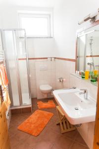 ein Bad mit einem Waschbecken, einer Dusche und einem WC in der Unterkunft Landgasthof Alpenblick in Altenmarkt im Pongau
