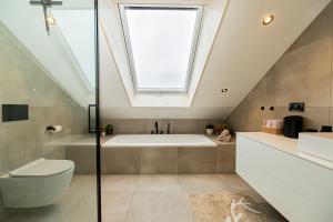 a bathroom with a sink toilet and a skylight at Alb Appartement - gemütliche Wohnung mit Balkon in Balingen