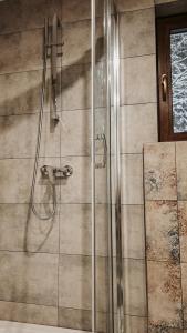 eine Dusche in einem Badezimmer mit Glastür in der Unterkunft Bliżej do nieba in Istebna + 47 Fotos