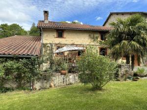 an old stone house with a palm tree in front of it at Le chat qui pêche in Rilhac-Rancon