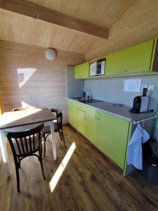 a kitchen with green cabinets and a table with chairs at Resort Radslavice in Přerov