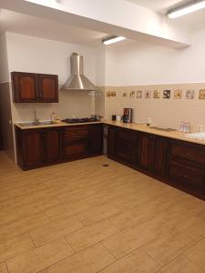 an empty kitchen with wooden cabinets and wooden floors at Belvedere GreșuLepșa in Greşu +24 photos