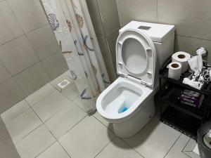 a bathroom with a toilet with the seat up at Serenity Residences 1BR Ruaka Near Two Rivers & UN Gigiri in Nairobi +54 photos