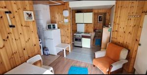 a small kitchen with wooden walls and wooden floors at Apartma NADIŽA in Borjana