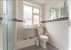 a bathroom with a toilet and a sink and a mirror at Walsgrave Road 3BR Multi-Floor Apartment Unit - Free Parking & WiFi in Wyken