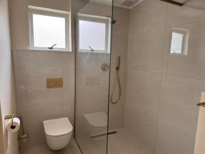 a bathroom with a shower and a toilet and two windows at Mimosa Cottage in Cape Town